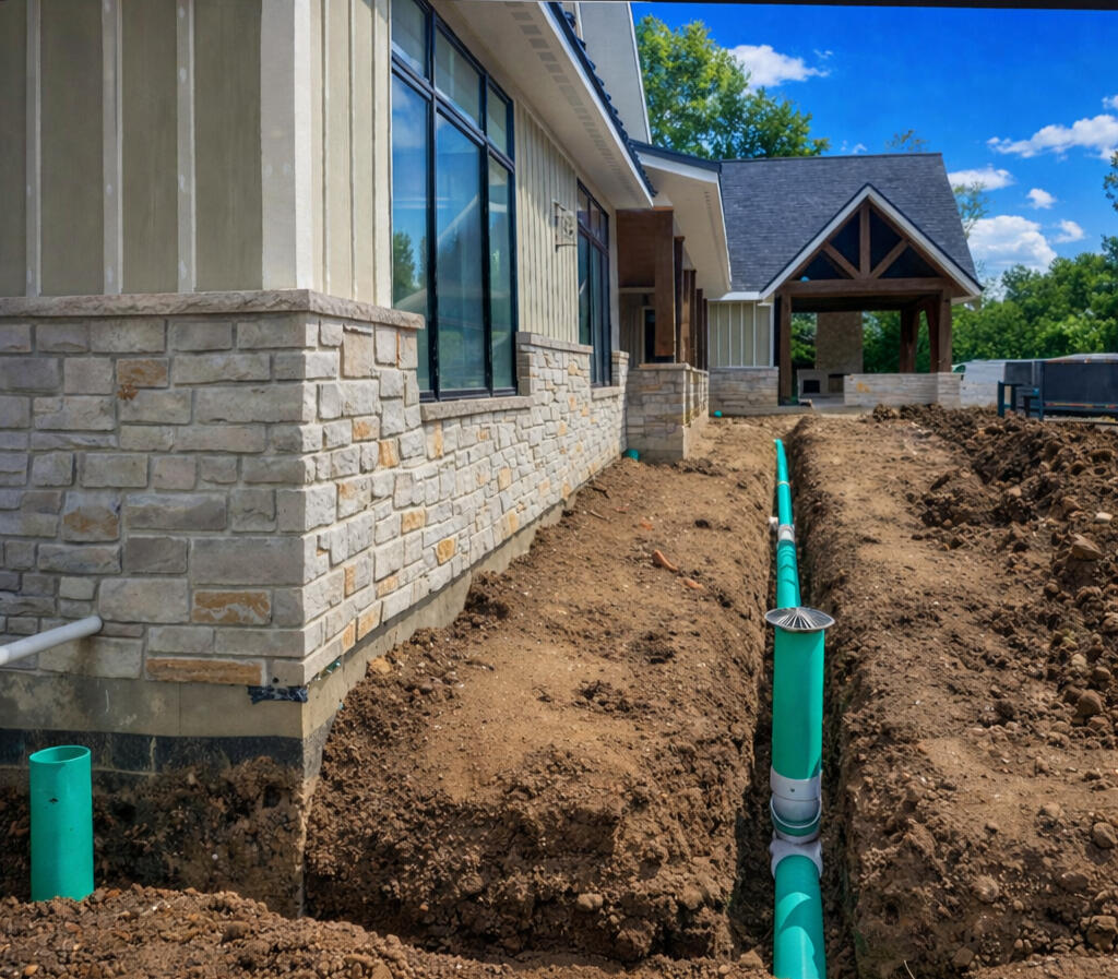 Drainage system installation at foundation Drainage system installation at foundation